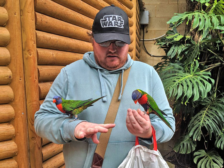 A man holding two colourful exotic birds